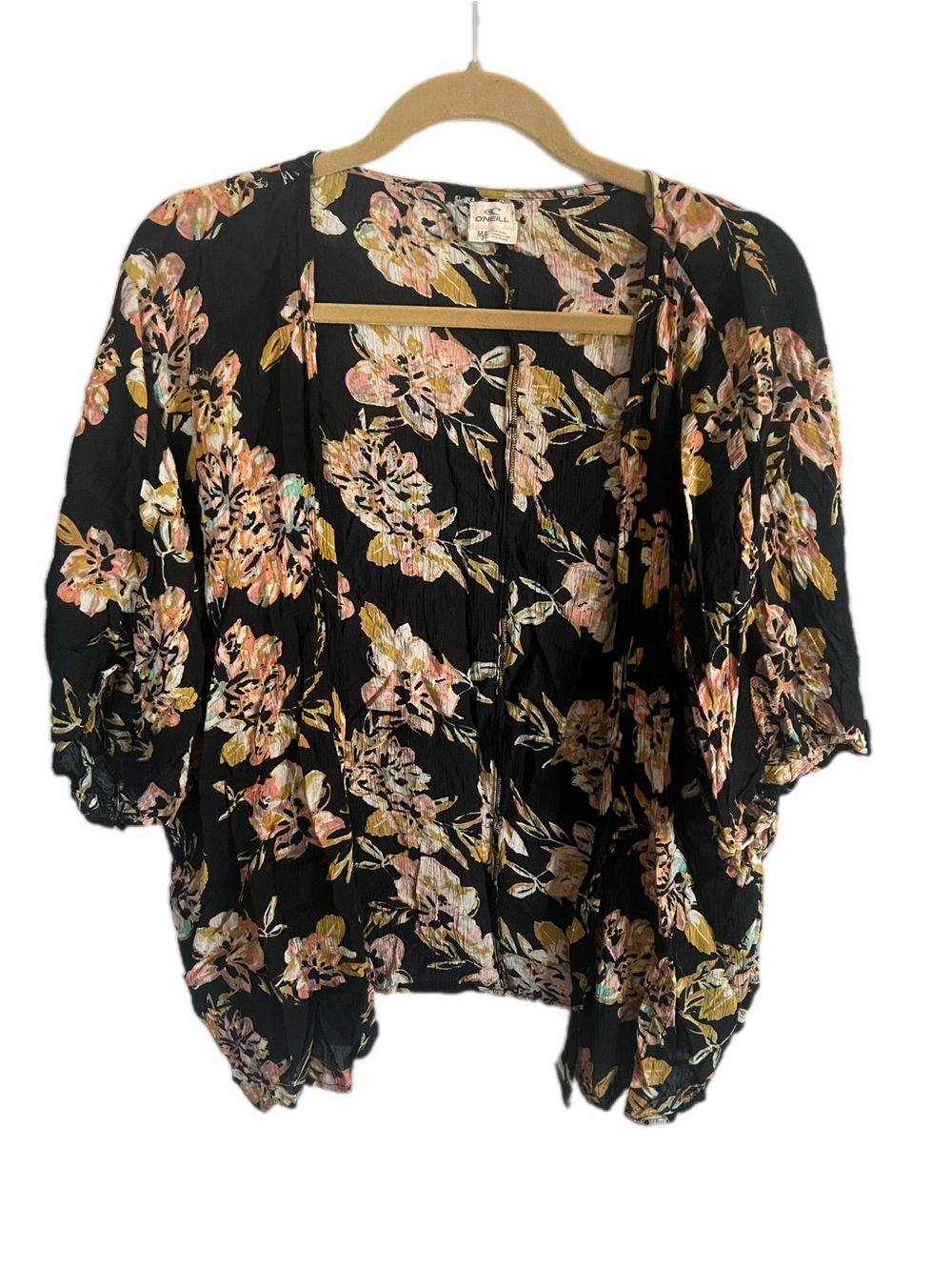 Buckle O’Neil Vintage Black Floral Kimono Cover Up Top Tropical Beachwear M/L